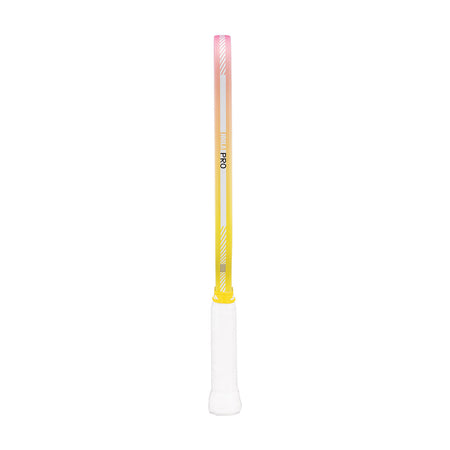 White background, view of the yellow and pink edge guard on the JOOLA Pro IV pickleball paddle.