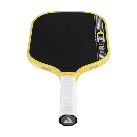 Pickleball paddle with black face and yellow rim on a white background