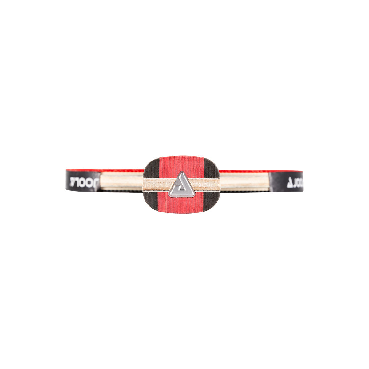 White background, view of the bottom of a JOOLA Carbon Table Tennis racket with the JOOLA trinity logo on the bottom.