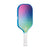 White background, image of a JOOLA Aurora Pickleball paddle. White handle and colorful paddle face.