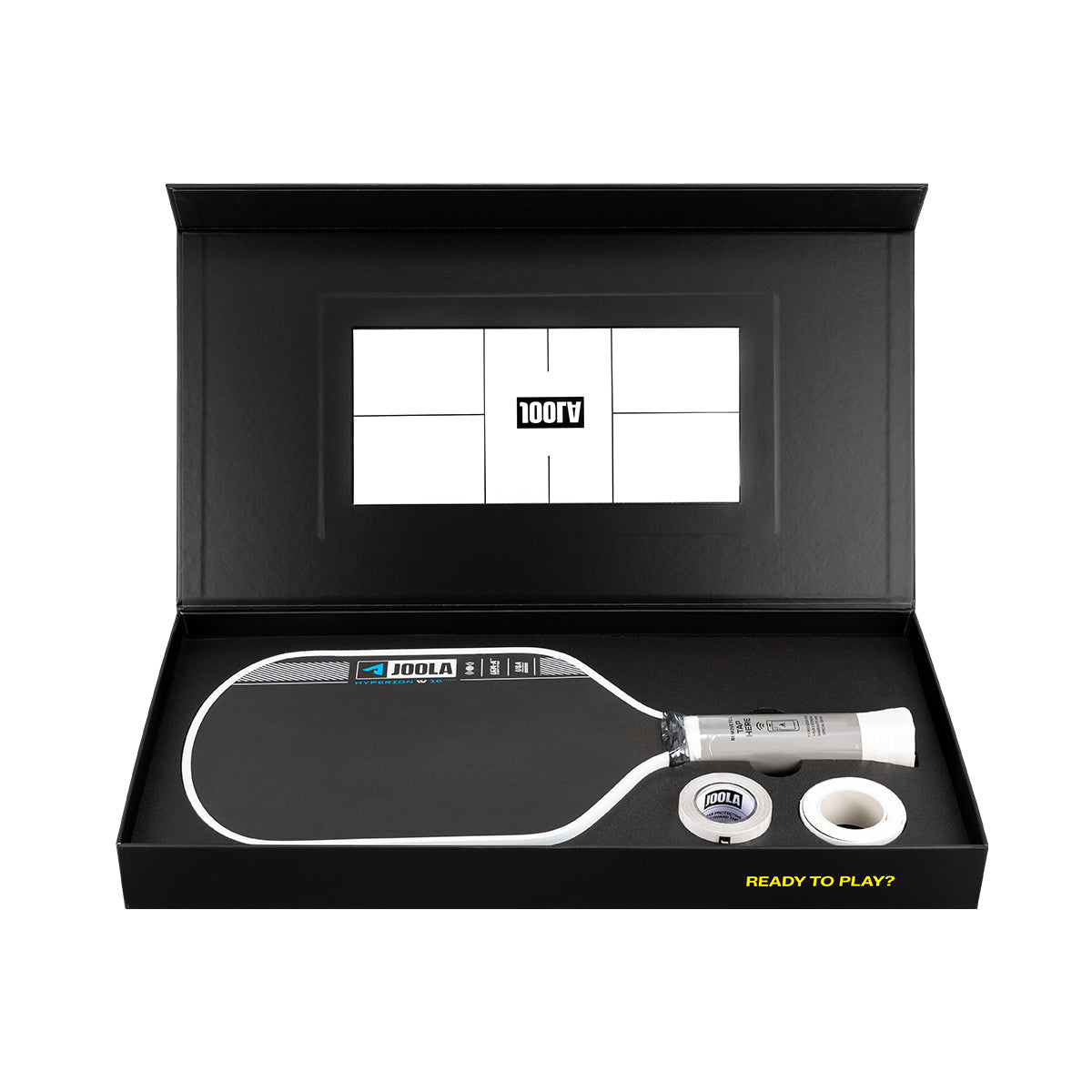 Pickleball paddle and ball set in a black box with a visible brand logo.