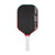Pickleball paddle with black face, red rim, and white handle on a white background