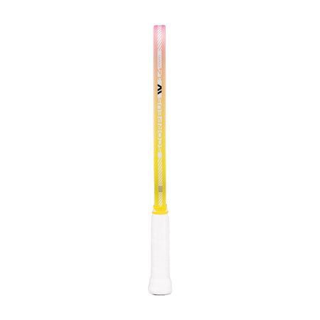 Pickleball paddle with gradient design from white to yellow on a white background.