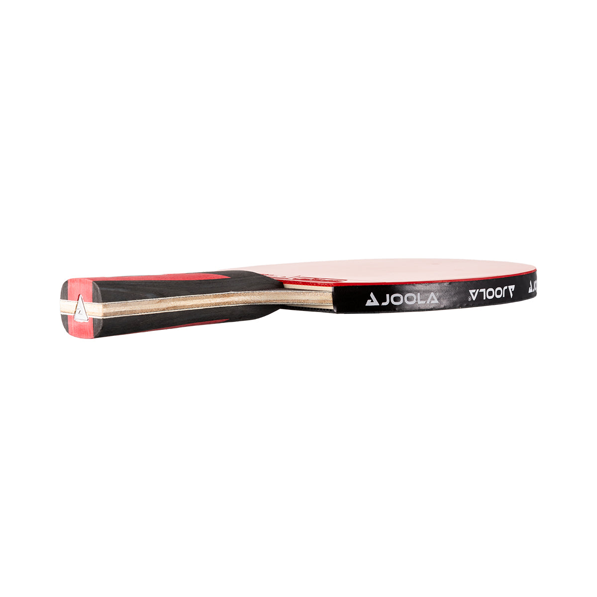 White background, side view of the JOOLA Carbon Table Tennis Racket, showing the end cap of the racket with the JOOLA Trinity logo.