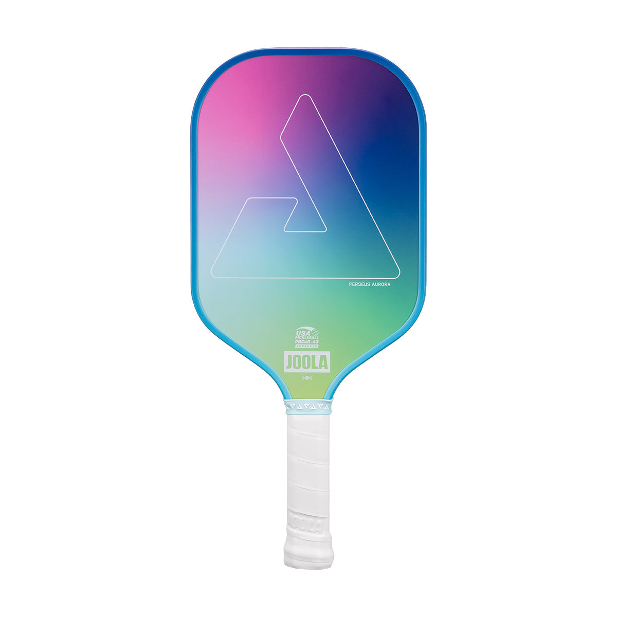 White background, image of a JOOLA Aurora Pickleball paddle. White handle and colorful paddle face.