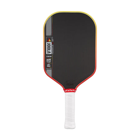 Pickleball paddle with black surface, red border, and white handle on a white background