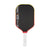 Pickleball paddle with black surface, red border, and white handle on a white background