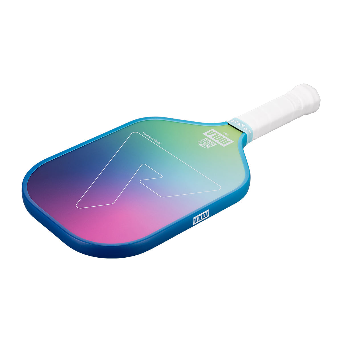 White background, image of a JOOLA Aurora Pickleball paddle. White handle and colorful paddle face.