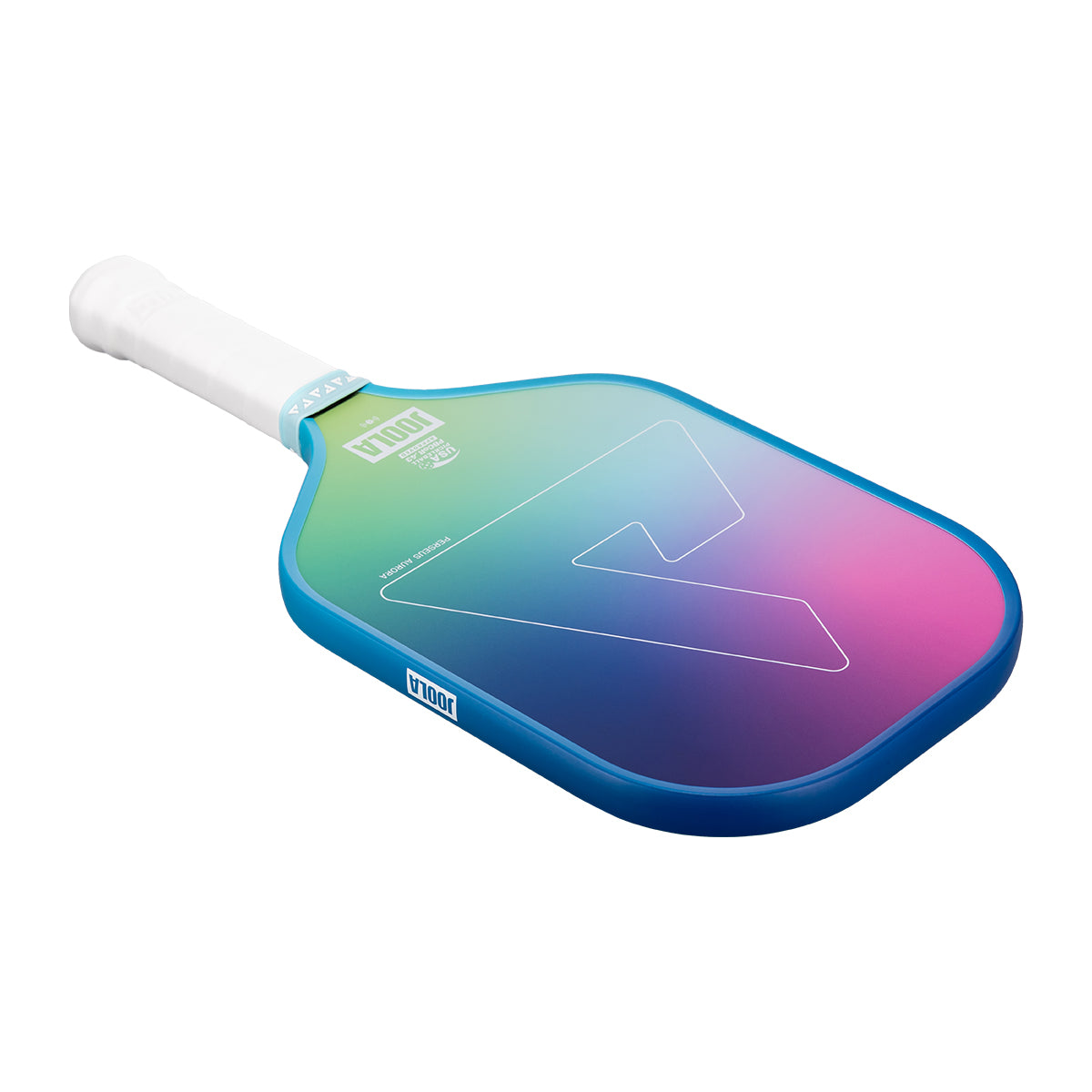 White background, image of a JOOLA Aurora Pickleball paddle. White handle and colorful paddle face.