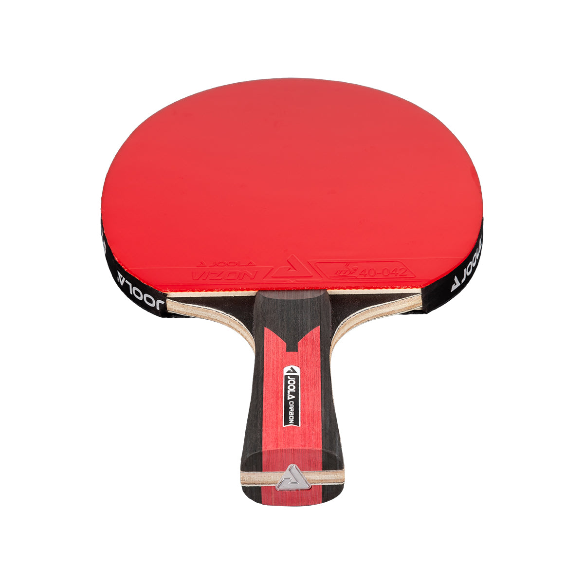 White background, JOOLA Carbon Table Tennis Racket, black and red handle and a red racket face.