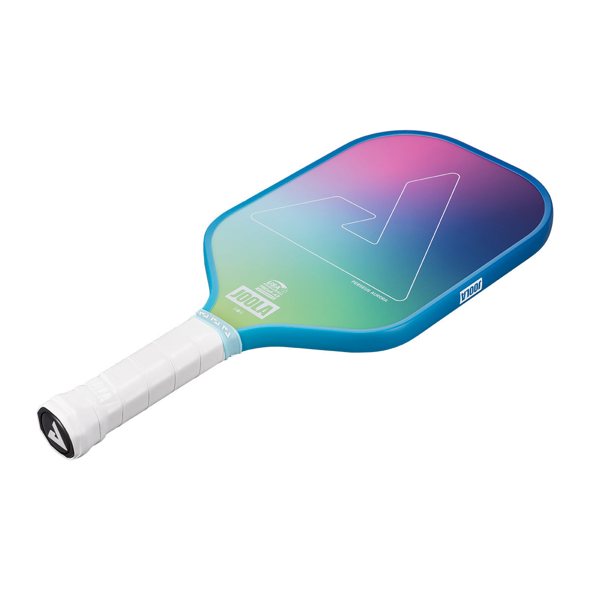 White background, image of a JOOLA Aurora Pickleball paddle. White handle and colorful paddle face.