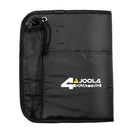 Black carrying case with a JOOLA Quattro Table Tennis logo on a white background.