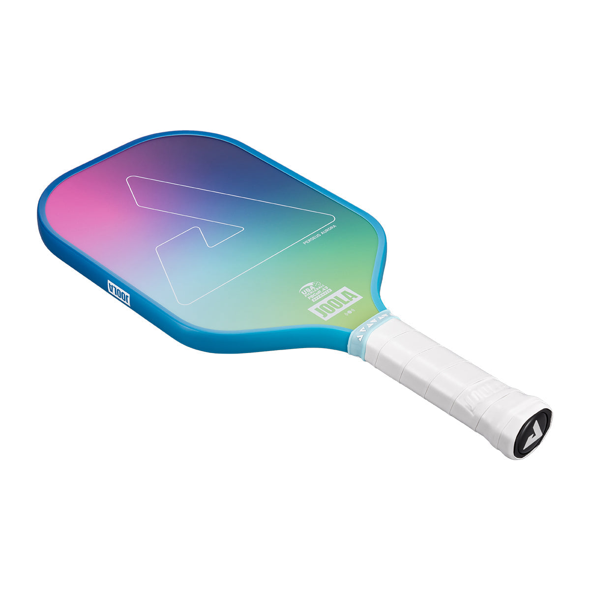White background, image of a JOOLA Aurora Pickleball paddle. White handle and colorful paddle face.