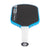 White background, image of the JOOLA Hyperion Pro V pickleball paddle, white handle, blue and white edge guard and black surface.
