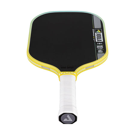 Yellow and black pickleball paddle on a white background.