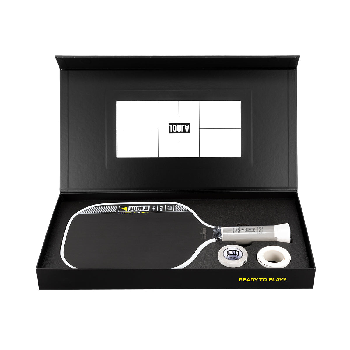 Pickleball paddle and ball set in a black box with a visible brand logo.