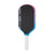 Pickleball paddle with black face, pink and blue sides, and white handle on a white background.