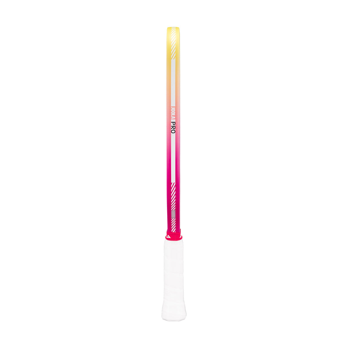 Side view of the yellow and pink gradient edge guard on the JOOLA Magnus Pro IV pickleball paddle.