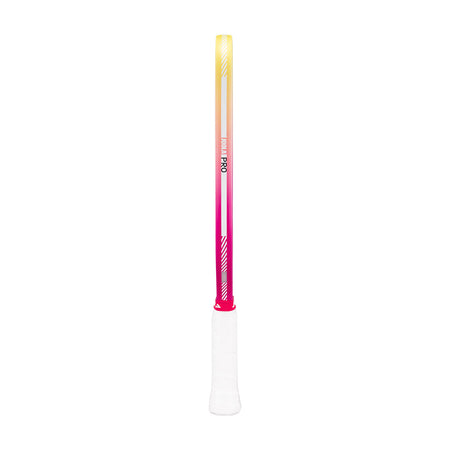 Side view of the yellow and pink gradient edge guard on the JOOLA Magnus Pro IV pickleball paddle.