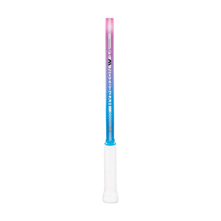 Pickleball paddle racket with a white handle and blue shaft on a white background