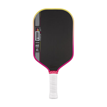 White background, JOOLA Magnus Pro IV 14mm pickleball paddle, with yellow and pink gradient.