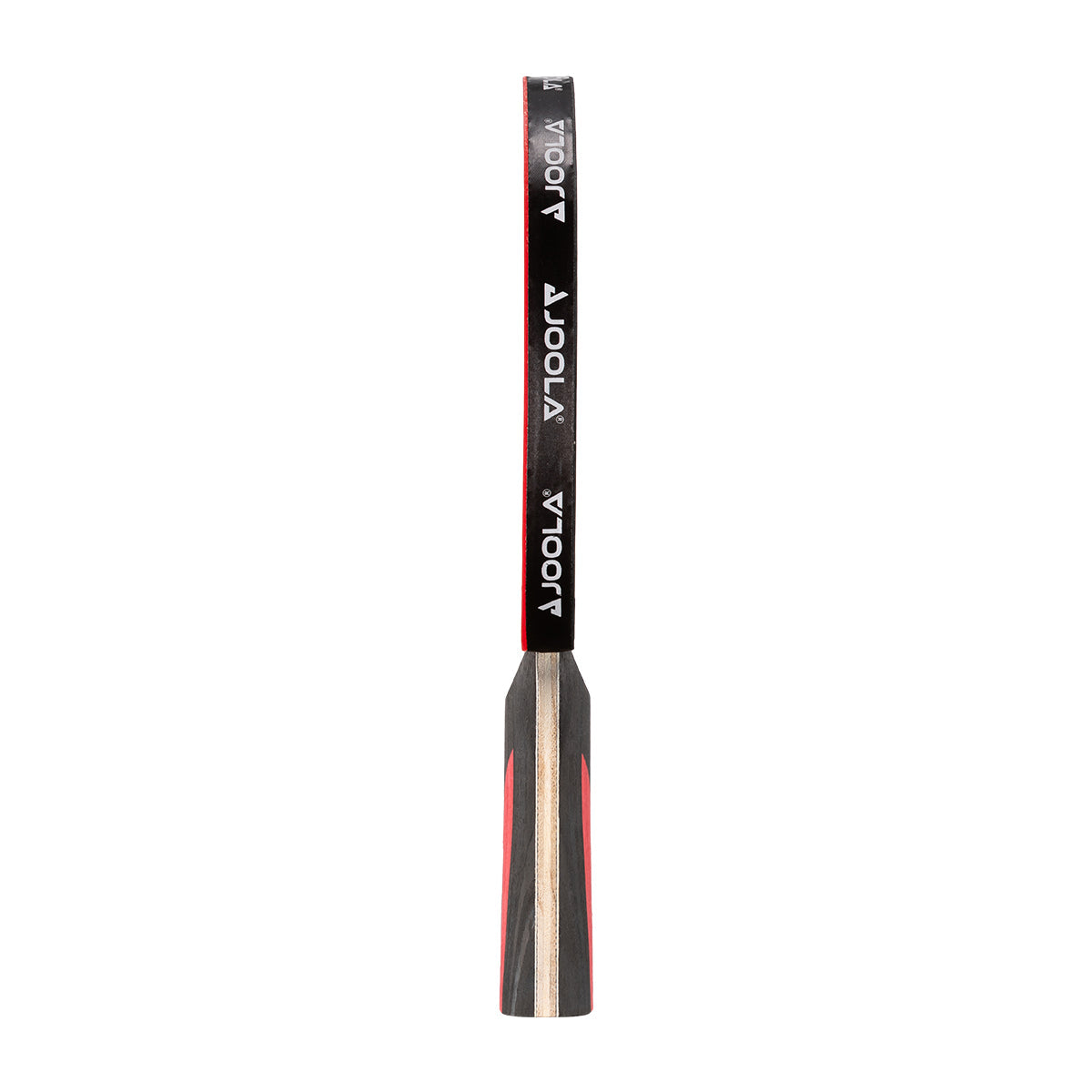 White background, side view of the JOOLA logo on the side of a JOOLA Carbon Table Tennis racket.