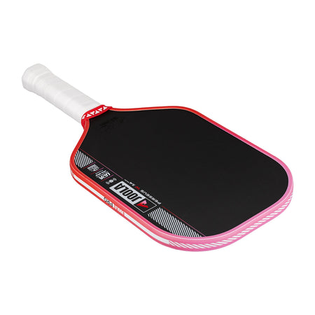 Pickleball paddle with red and black design on a white background