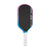 Pickleball paddle with black surface, pink and blue edges, and white handle on a white background.