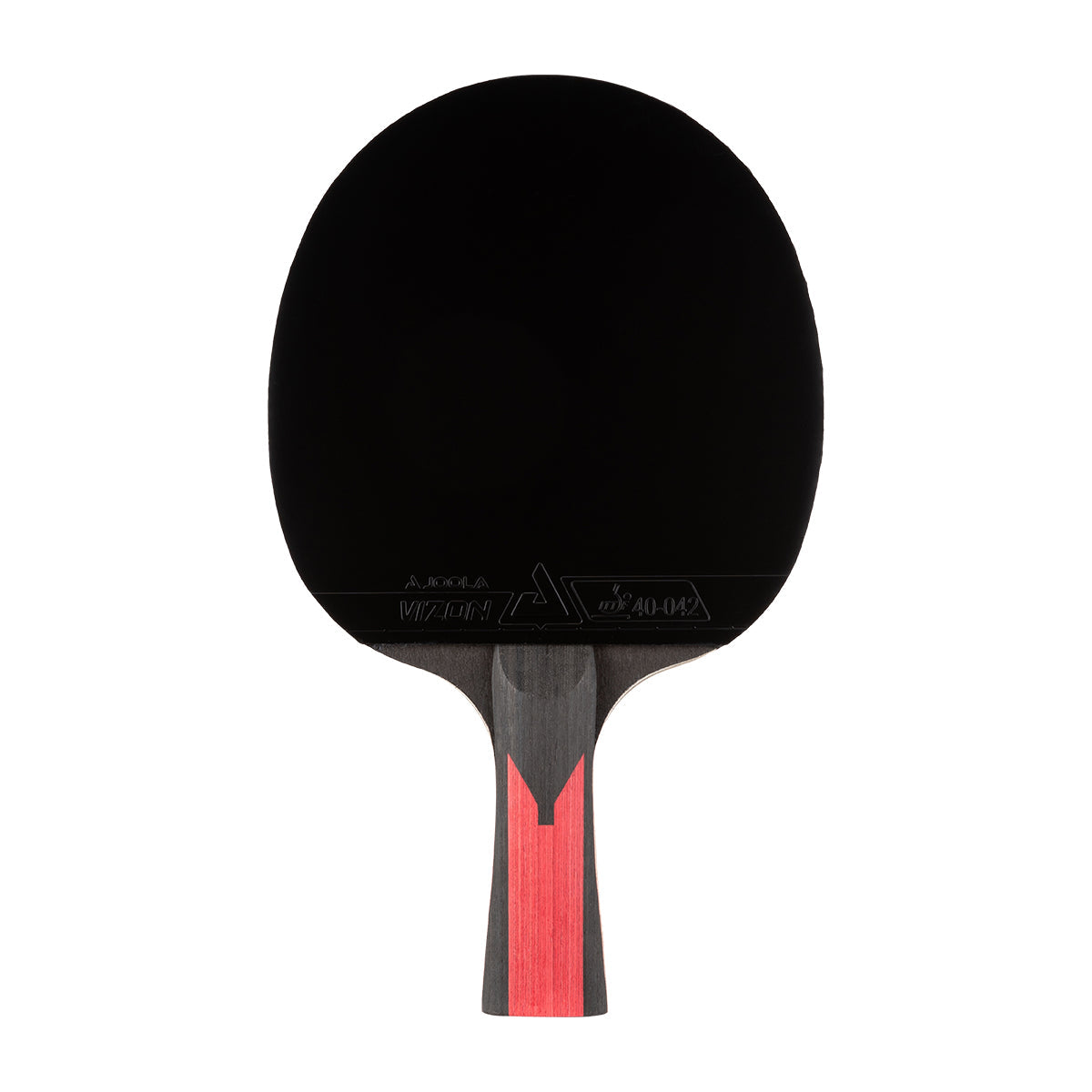 White background, JOOLA Carbon Table Tennis Racket, black and red handle and a black racket face.