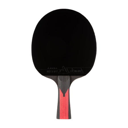 White background, JOOLA Carbon Table Tennis Racket, black and red handle and a black racket face.