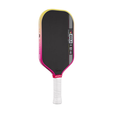 White background, angled view of the JOOLA Magnus Pro IV pickleball paddle with yellow and pink gradient edge guard.
