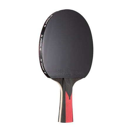 White background, JOOLA Carbon Table Tennis Racket, black and red handle and a black racket face.