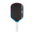 Pickleball paddle with black face, pink rim, blue border, and white handle on a white background.
