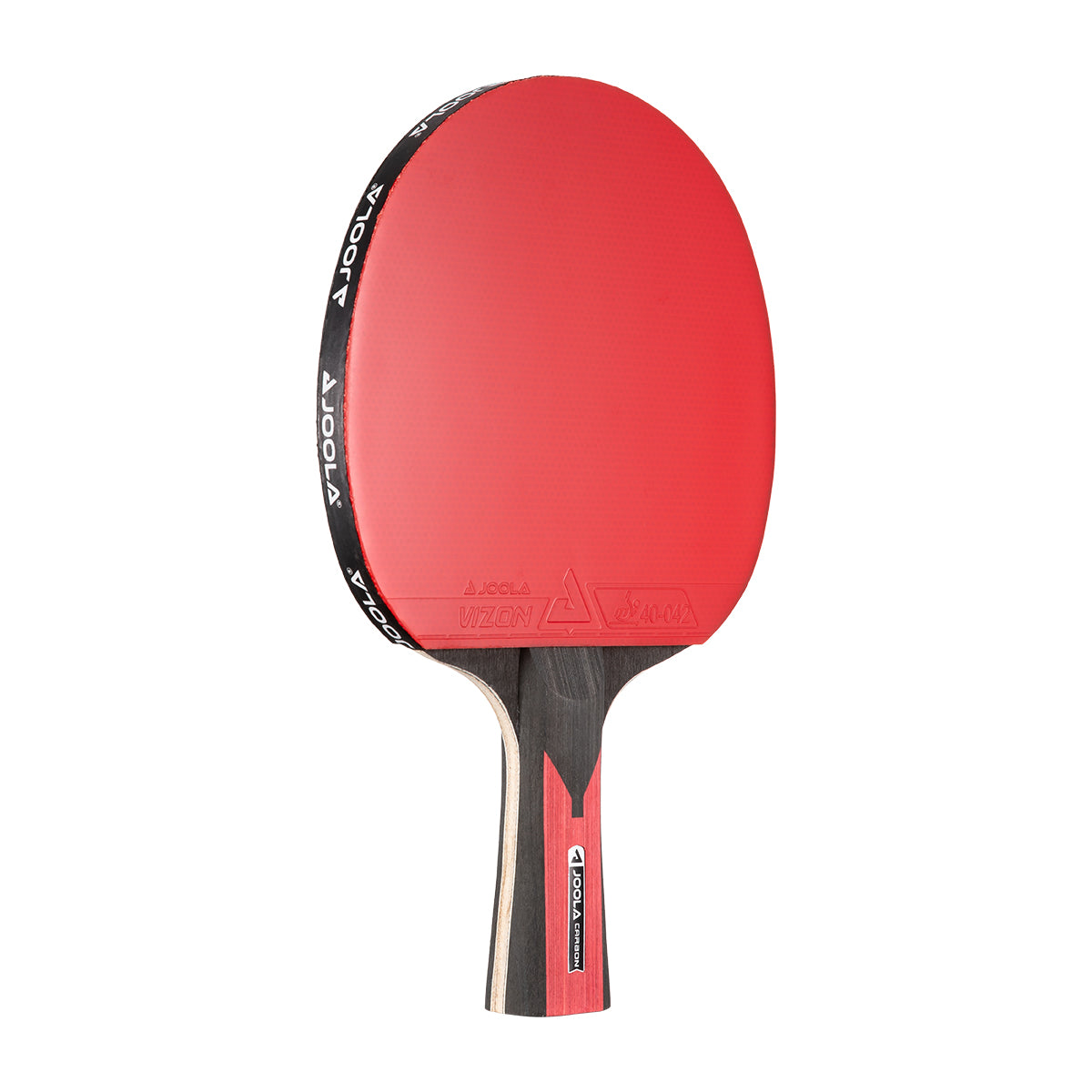 White background, angled view of the JOOLA Carbon Table Tennis Racket, black and red handle and a red racket face.