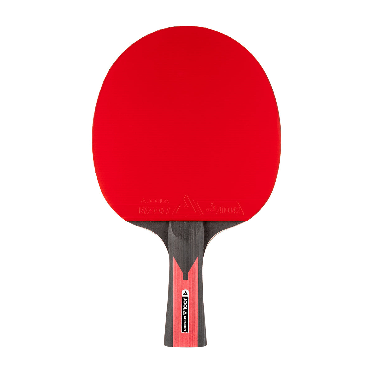 White background, JOOLA Carbon Table Tennis Racket, black and red handle and a red racket face.
