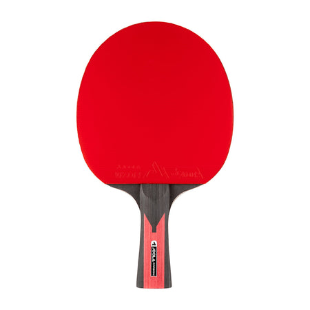 White background, JOOLA Carbon Table Tennis Racket, black and red handle and a red racket face.