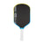 Pickleball paddle with black face, blue rim, and white handle on a white background.
