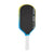 Pickleball paddle with black face, blue sides, and white handle on a white background.