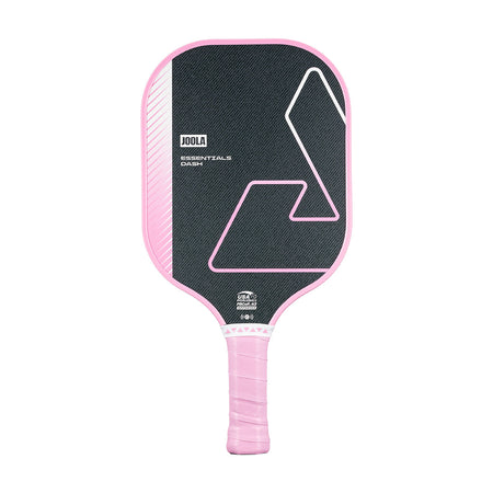 White background, product image of the JOOLA Essentials Dash pickleball paddle, pink handle, pink edge guard, and black, white and pink surface color.