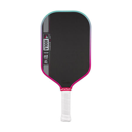 Pickleball paddle with black surface, pink rim, and white handle on a white background.