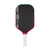 Pickleball paddle with black surface, pink rim, and white handle on a white background.