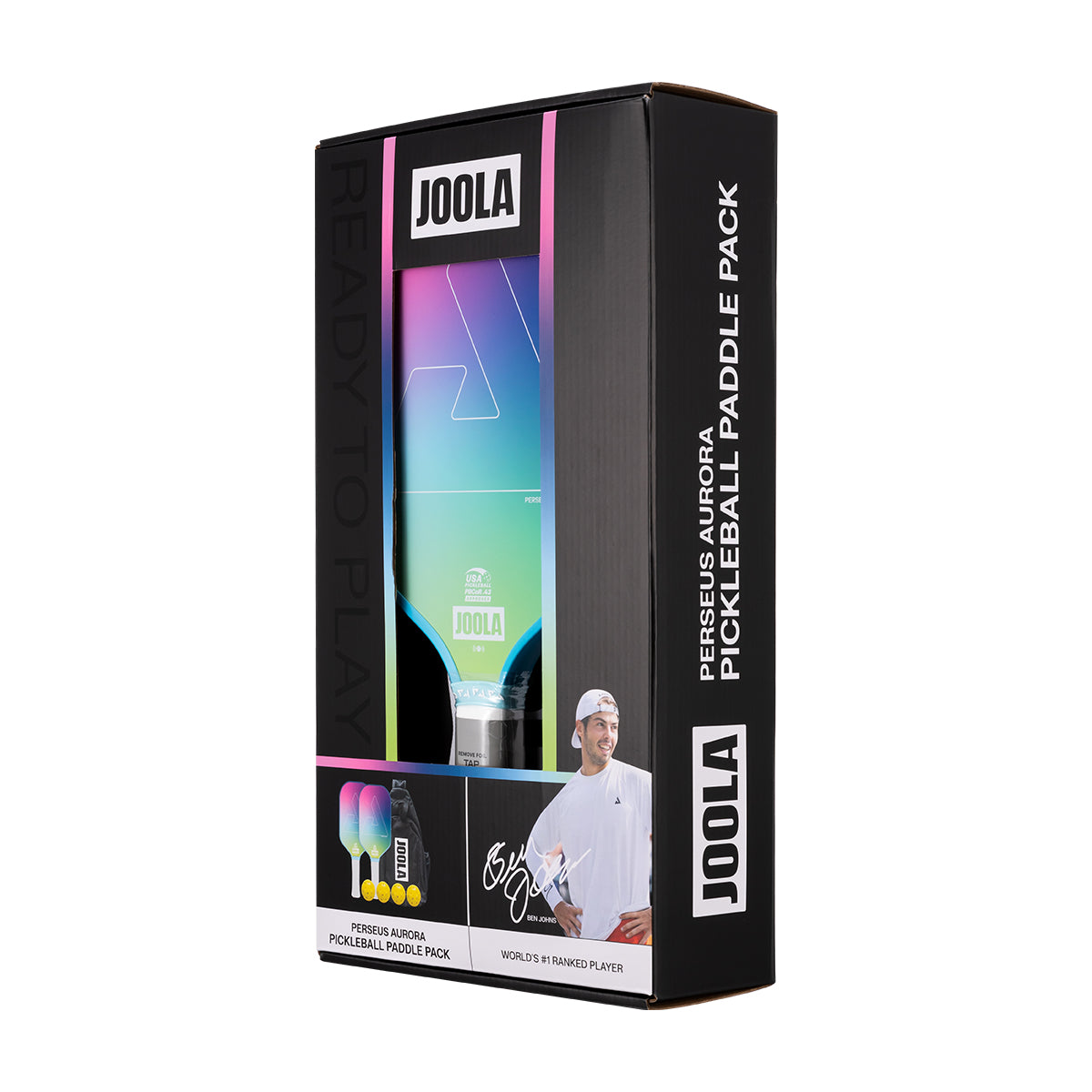 White background, product image of the box and packaging for the JOOLA Perseus Aurora Pickleball Paddle Pack.