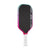 Pickleball paddle with black surface, pink and white handle, and brand logo on a white background.