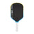 Pickleball paddle with black face, blue rim, and white handle on a white background.