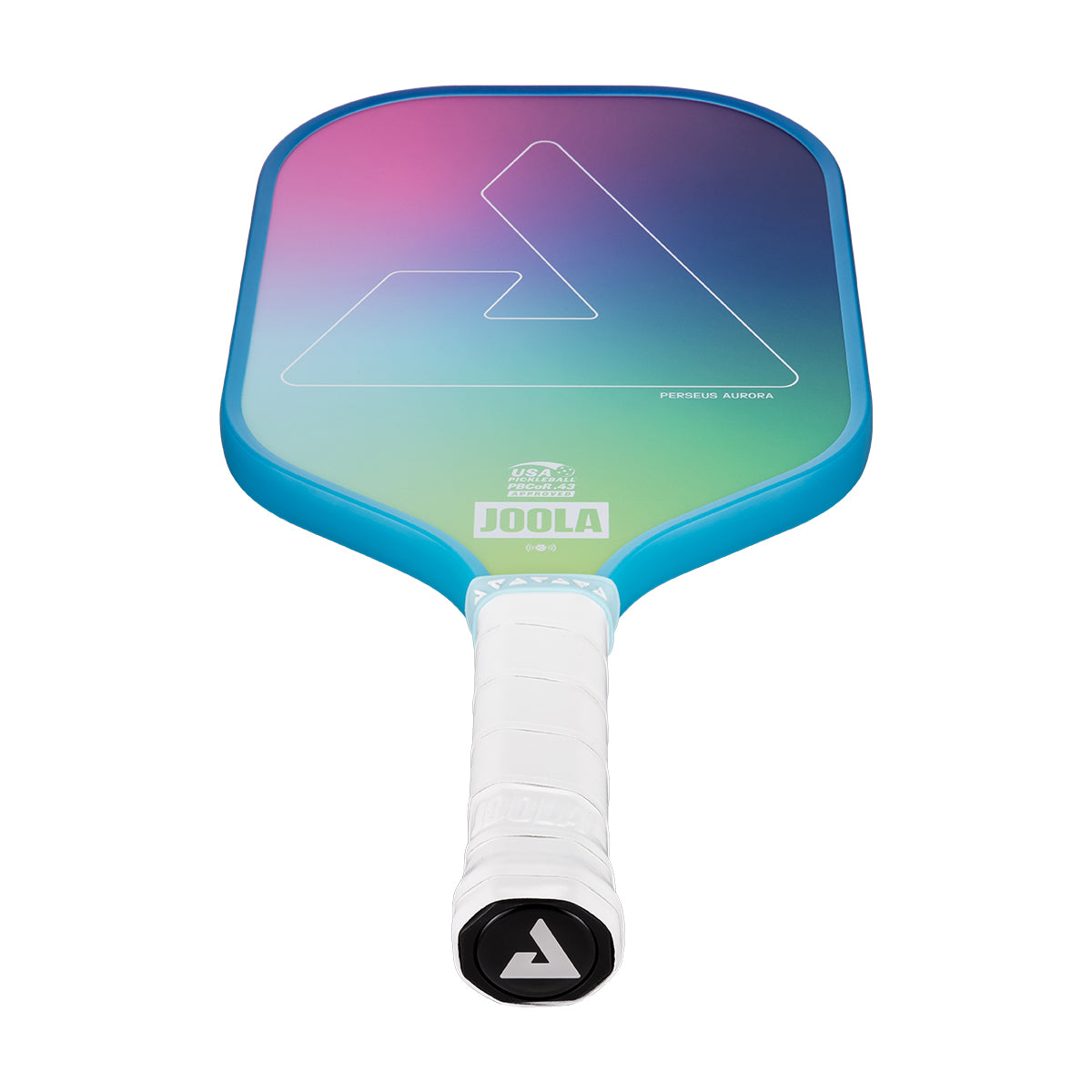White background, image of a JOOLA Aurora Pickleball paddle. White handle and colorful paddle face.