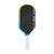 Pickleball paddle with black surface, blue and yellow edges, and white handle on a white background.