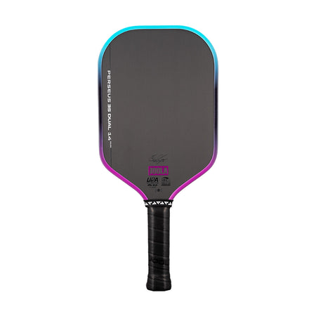 White background, image of a JOOLA Perseus 3S Dual pickleball paddle with a purple and blue dual gradiant edge guard.