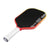 Pickleball paddle with black playing surface, red frame, and white handle on a white background