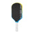 Pickleball paddle with black face, yellow rim, blue border, and white handle on a white background.