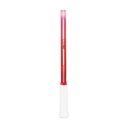 Red and white pickleball paddle edge guard on a white background